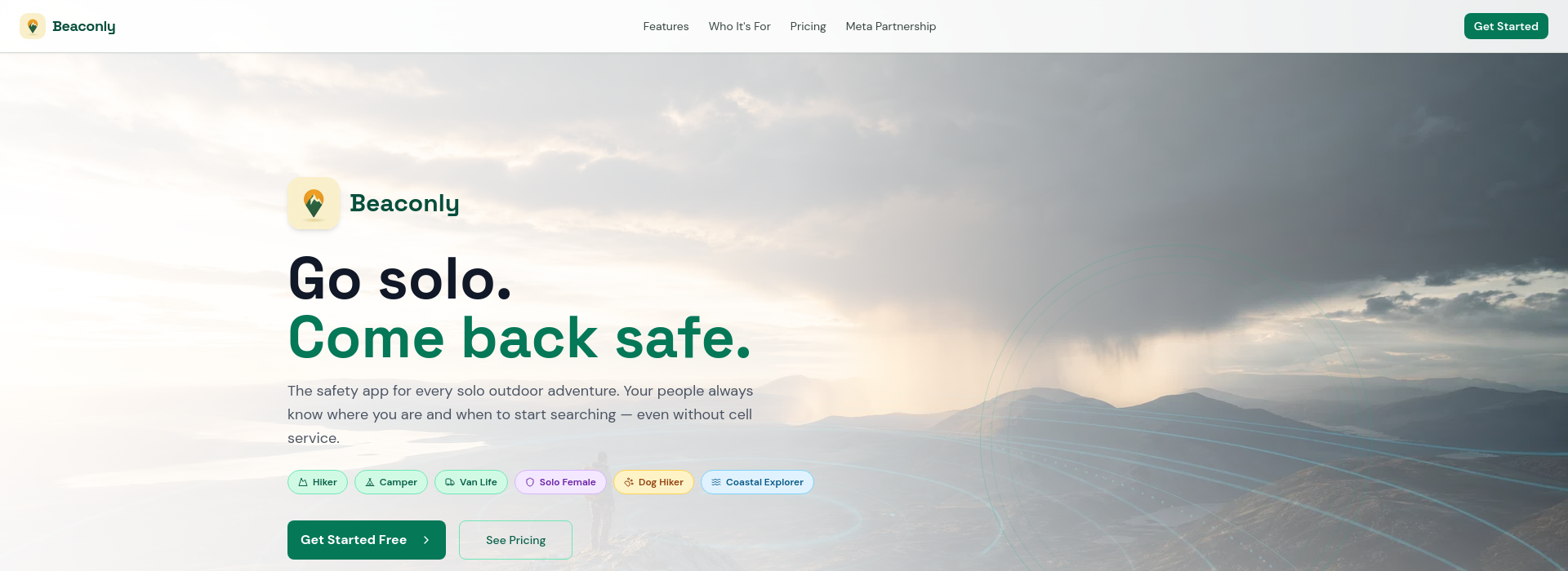 Beaconly public homepage — safety companion for solo outdoor adventure