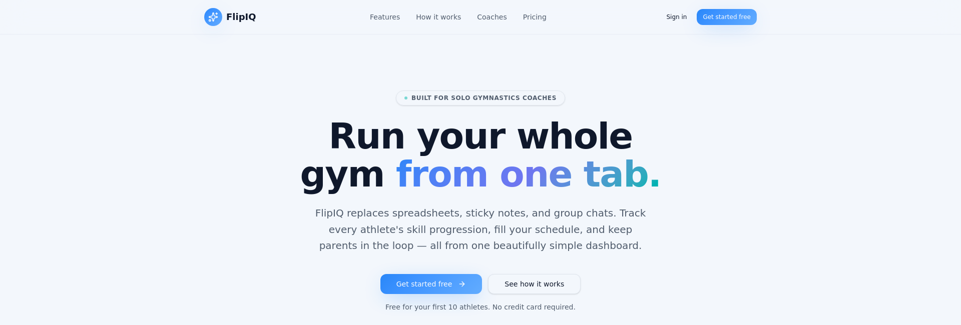 FlipIQ Studio public homepage — white-label gymnastics business platform
