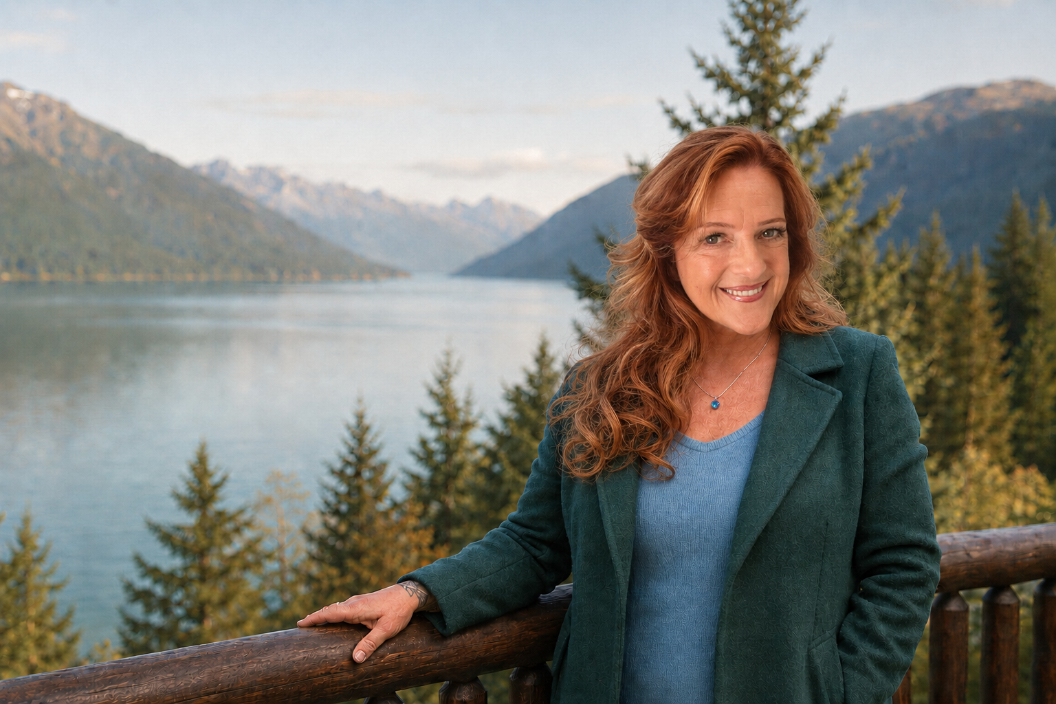 Karen Matthews overlooking an Alaska lake and mountains.