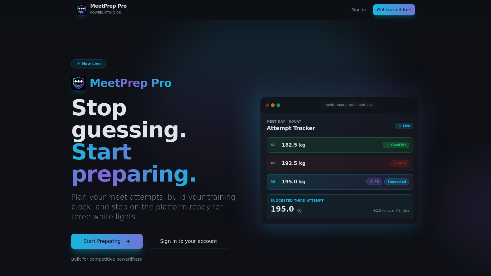 MeetPrep Pro public homepage — meet preparation for competitive powerlifters