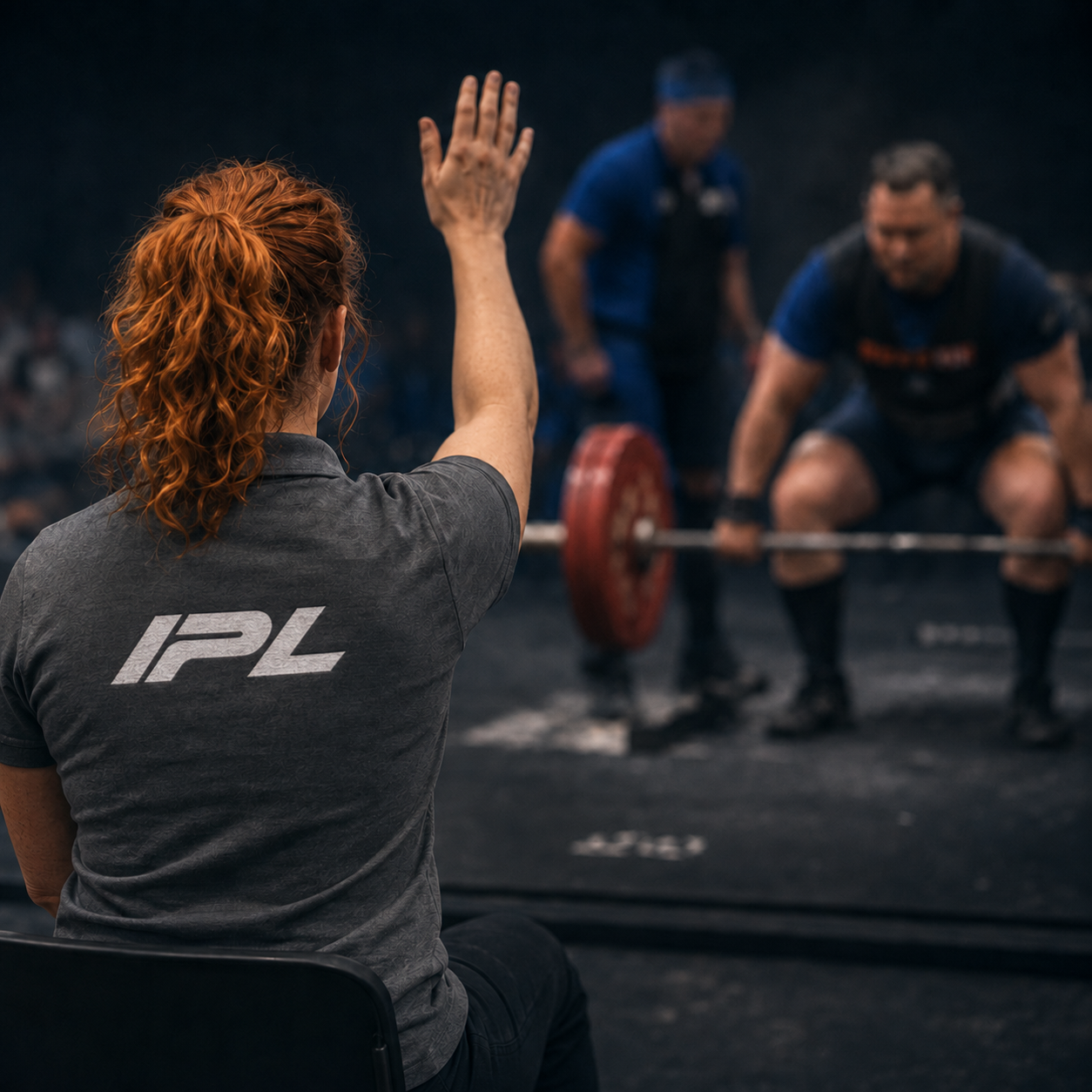 Karen judging an international powerlifting meet, raising her hand to signal a lift