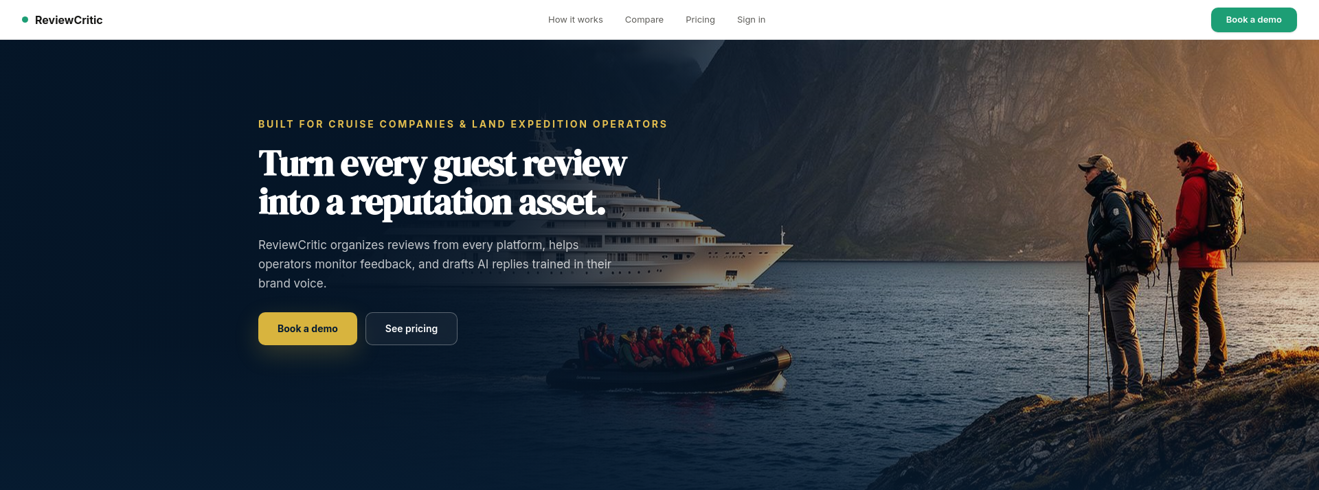 ReviewCritic public homepage — review management for cruise and expedition operators
