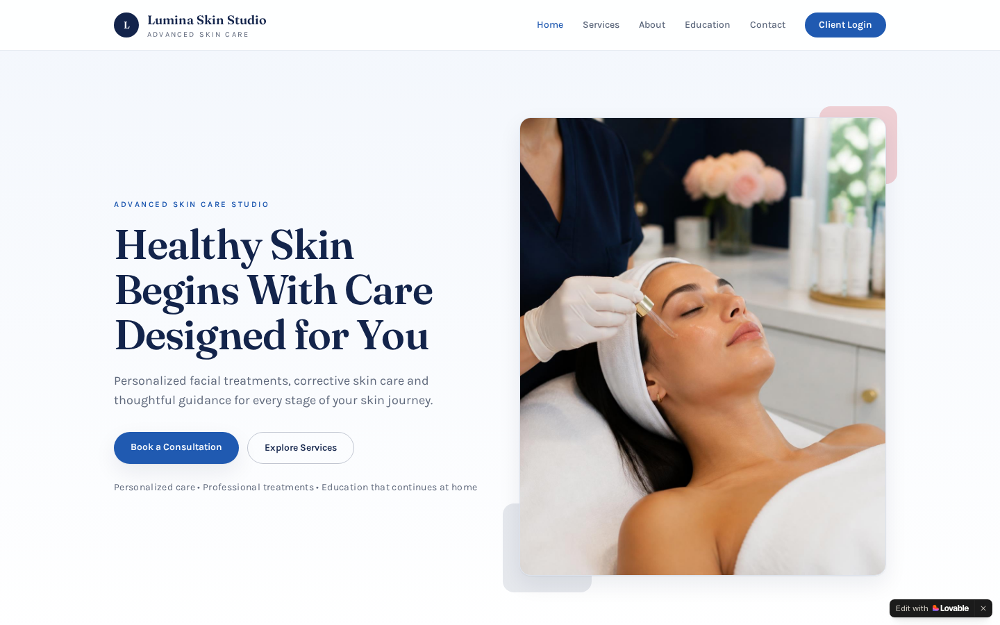 Lumina Skin Studio complete public landing page